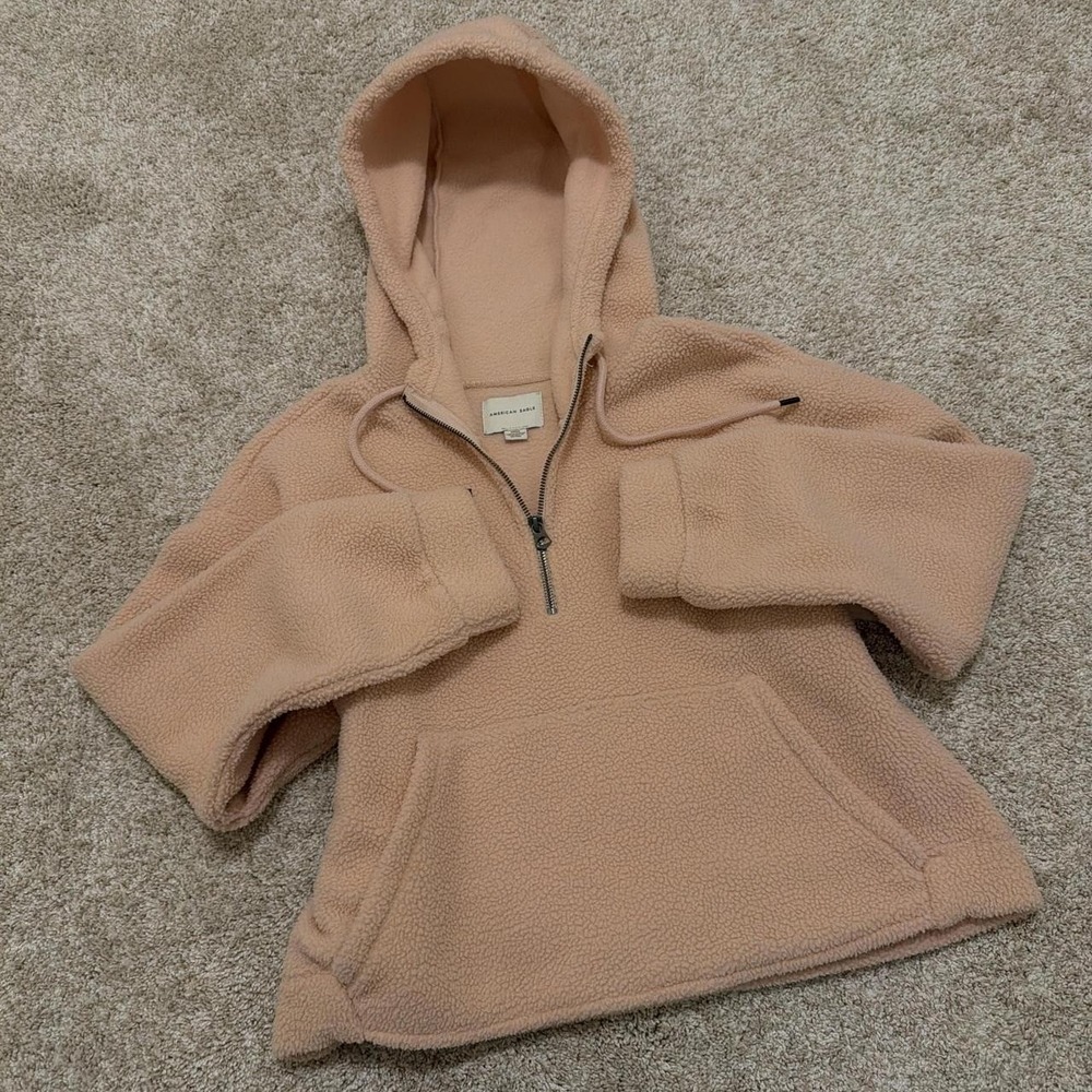 Fluffy American Eagle Sherpa Half-Zip Hoodie | Pink | Small